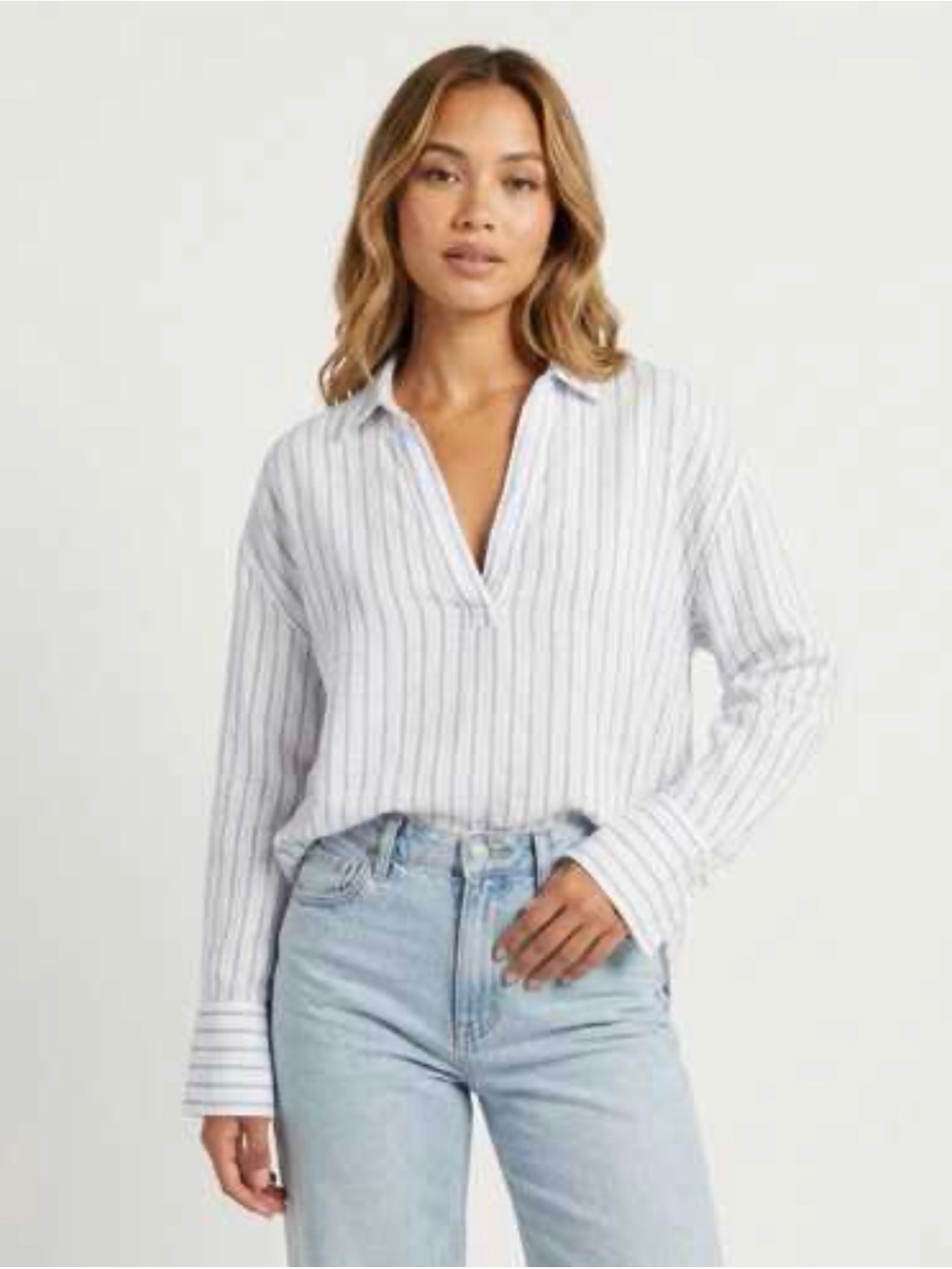 Martha Stewart Light Blue & White Striped Tunic Top 100% linen